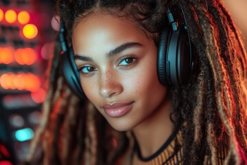 Poster - A non-binary professional wearing headphones working on a collaborative digital platform , symbolizing modern teamwork.