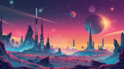 Canvas Print - a colorful illustration of a futuristic cityscape on a distant planet with multiple moons and stars.