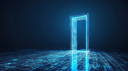 Poster - Open door on blue glitch background. Vector realistic illustration of neon lines on black backdrop with futuristic portal, computer system error, cyber security network, information technology tunnel