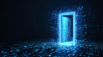 Fototapete - Open door on blue glitch background. Vector realistic illustration of neon lines on black backdrop with futuristic portal, computer system error, cyber security network, information technology tunnel