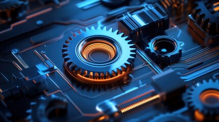 Poster - Illuminated Gears Interlock Within Futuristic Circuitry