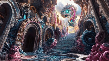 Poster - Surreal Stairway Ascending Through A Colorful Organic Structure
