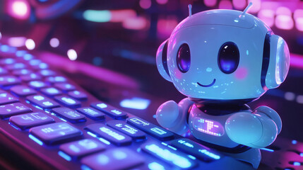 Poster - Cute robots, digital assistants on computer keyboard. Vector cartoon illustration of chat bots, funny electronic cyborgs with AI and computer screen with granted access