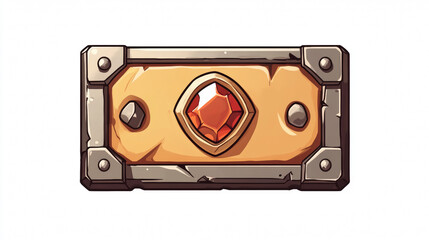Aufkleber - Golden medieval game asset button isolated. Cartoon vector badge ui fantasy design. Metal rectangle title bar, border set with gem png. Vintage royal label for rank in app. Blank horizontal text panel