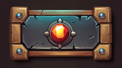 Aufkleber - Golden medieval game asset button isolated. Cartoon vector badge ui fantasy design. Metal rectangle title bar, border set with gem png. Vintage royal label for rank in app. Blank horizontal text panel