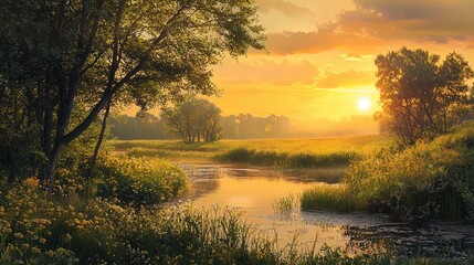 Wall Mural - A serene landscape portrays a tranquil river scene at sunset. The water reflects the vibrant hues of the sky, showcasing shades of orange, yellow, and soft pink, interspersed with wispy clouds. Lush g