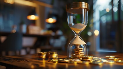 Poster - An hourglass and stacks of coins sit on a wooden table in a modern office.
