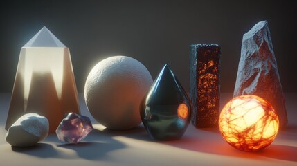 Poster - Illuminated Geometric Shapes and Organic Stones Displayed Together