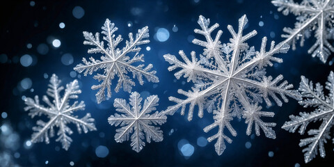 Wall Mural - magical white snowflakes over glitter blue dark background