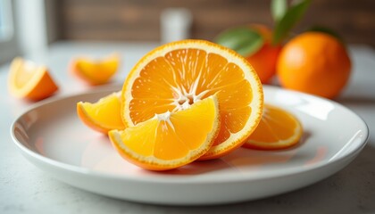 Wall Mural - A bowl of orange slices on a white plate with oranges in background