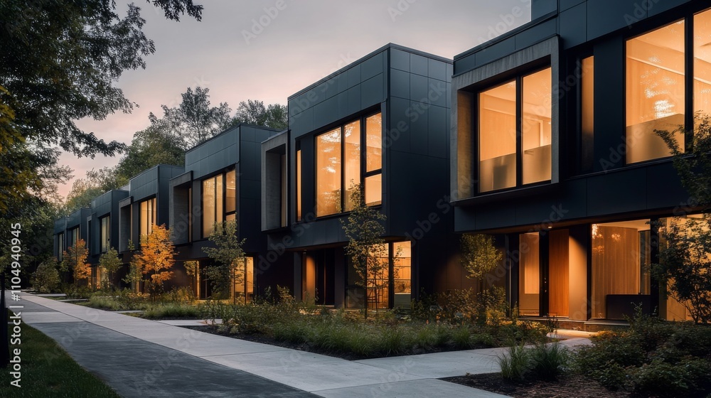 Row modern multi-story townhouses dusk are made dark modular private ...
