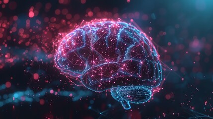 Poster - Abstract digital rendering of a brain with a glowing network of lines and dots.