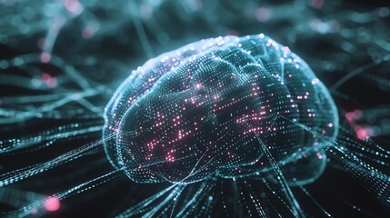 Poster - An abstract digital rendering of a brain with a glowing network of lines and dots.
