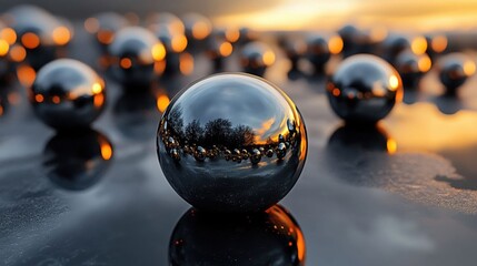 Wall Mural - Reflective Spheres on Dark Surface with Sunset Glow in Background