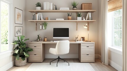Poster - A minimalist home office with a desk, computer, bookshelf, and plants.
