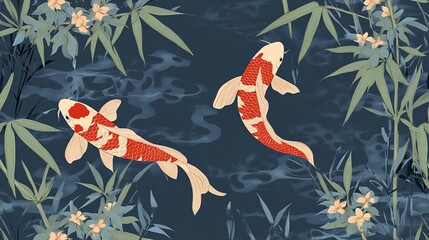 Poster - A seamless pattern of koi fish swimming in a blue pond with bamboo.