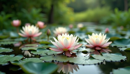 Canvas Print - Close-up of pink lotus flowers on lily pads in pond