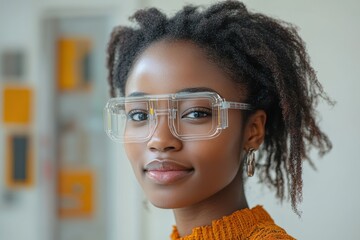 Poster - A woman of color in a tech startup holding a prototype device , representing innovation and impact.