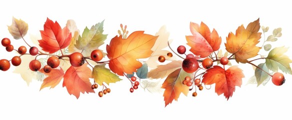 Aufkleber - Autumn Leaves and Berries Watercolor Border
