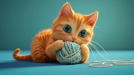 Poster - Adorable Ginger Kitten Playing With Yarn Ball