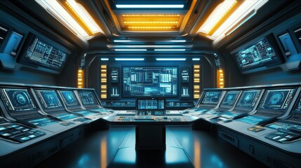 Poster - Futuristic Control Room with Numerous Monitors and Consoles