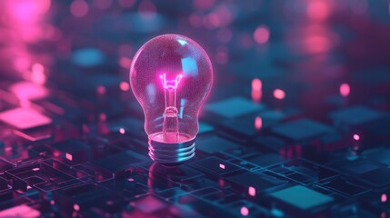 Poster - Illuminated Glass Lightbulb Rests on Circuit Board