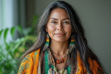 Poster - An Indigenous woman leader holding an eco-friendly business plan , symbolizing sustainability and innovation.