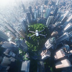 Poster - Autonomous drone delivery navigating fractal urban landscape city architecture aerial view technological innovation for enhanced efficiency