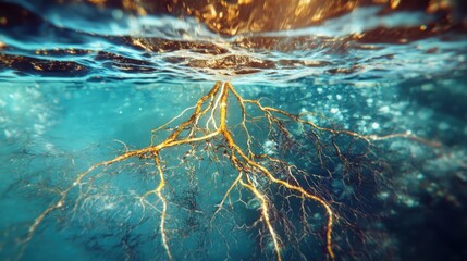 Poster - Exploring bioluminescent underwater plant ecosystems in deep marine blue waters a nature documentary on intricate root networks and glowing colors