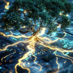 Poster - Circuitous roots of a motherboard tree glowing in a mystical chromatic environment digital art fantasy landscape enigmatic concept