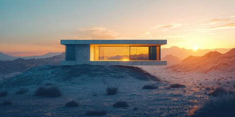 Poster - Captivating sunset over a concrete brutalist pavilion in the desert landscape a visual exploration of modern architecture and nature