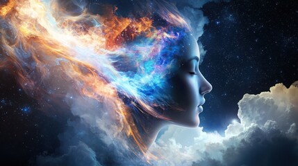Poster - Exploring the depths of consciousness an abstract mindscape of flowing thought streams and ethereal color transitions
