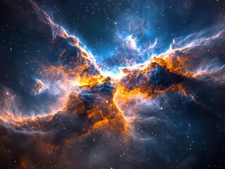 Poster - Exploring the majestic transformation of a dramatic neon-edged nebula outer space digital art cosmic landscape wide-angle view celestial wonders