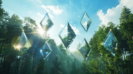 Poster - Floating crystal geometric shapes in ethereal misty forest soft pastel colors ultra-realistic resolution dramatic lighting