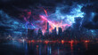 © Liffer - dramatic thunderstorm over vibrant city skyline, illuminated by flashes of lightning and colorful reflections on water. scene evokes sense of awe and intensity