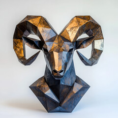 Poster - Geometric ram face art modern gallery sculpture display contemporary environment angular viewpoint bronze gradient concept for artistic expression