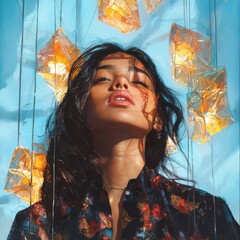 Poster - Mesmerizing encounter south asian girl in glowing incandescent dimension among suspended forms ethereal atmosphere captivating visuals