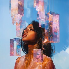 Poster - mesmerizing moment south asian girl in a glowing incandescent dimension with suspended forms surreal