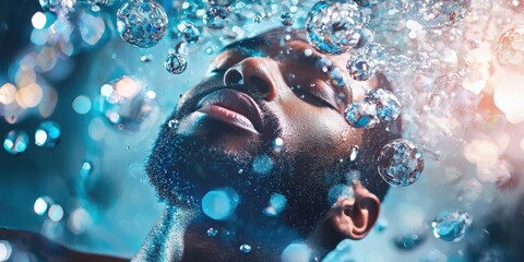 Poster - Hypnotic prismatic realm enchanted black man surrounded by luminous spheres digital art environment ethereal perspective visionary experience
