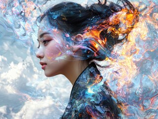 Poster - Exploring the incandescent realm an asian woman amid iridescent forms artistic environment ethereal viewpoint fantasy concept