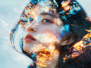 Poster - Exploring the incandescent realm asian woman amidst iridescent forms in a surreal environment
