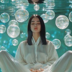 Poster - Contemplative latina girl meditating in a kaleidoscopic prismatic oasis surrounded by floating orbs for a tranquil experience