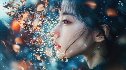 Poster - Exploring the otherworldly dimension an asian girl among cascading colors in a fantastical environment