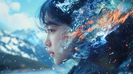 Poster - Exploring an otherworldly dimension asian girl amidst cascading colors in a surreal landscape