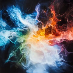 Poster - Exploring subatomic interactions particle physics landscape scientific visualization complex terrain vibrant energy layers translucent colors