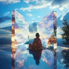 Poster - Illuminated shapes transformation prismatic oasis visual art serene landscape eye-level view asian woman experience