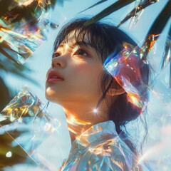 Poster - Illuminated shapes enchant asian woman in prismatic oasis outdoor setting digital art concept for visual impact