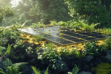 Poster - Transformative solar panel array embracing living ecosystem energy flow visualization in verdant technology landscape