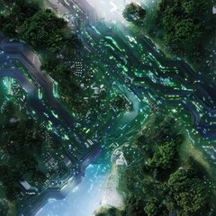 Poster - Exploring a technological ecosystem circuit board landscapes with data streams flowing like rivers in a metallic green and electric blue environment