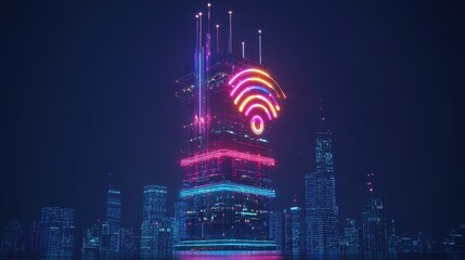 Canvas Print - A futuristic city skyline featuring a brightly lit tower with a prominent Wi-Fi symbol, showcasing vibrant neon colors against a dark background.